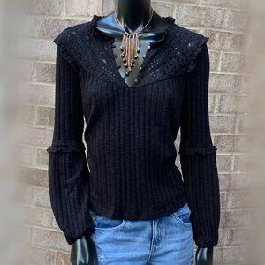 Eyeshadow Ruffle and Lace Button-Up V-Neck Top